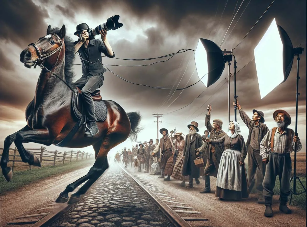 Фотограф скачет на фотосъемку на гнедом коне