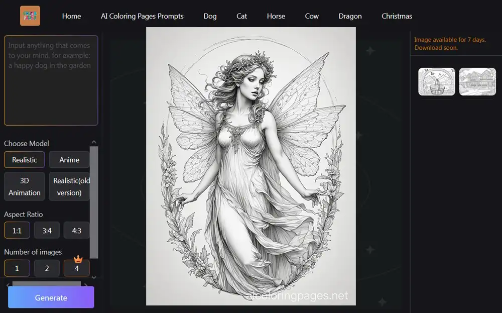 Интерфейс AI Coloring Pages Generator Free Online
